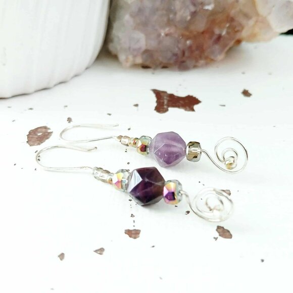 Boho Style Amethyst Dangle Drop Earrings, Crystal Gemstone Beaded Statement - Picture 8 of 10